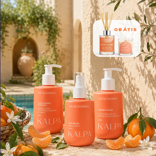 Kit Família Sol de Tangerina Corpo e Casa: Sabonete, Loção, Body Splash, Difusor e Vela Kalpa