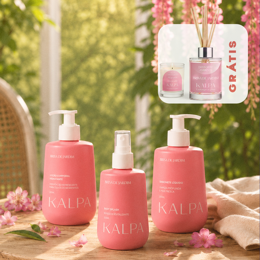Kit Família Brisa de Jardim Corpo e Casa: Sabonete, Loção, Body Splash, Difusor e Vela Kalpa