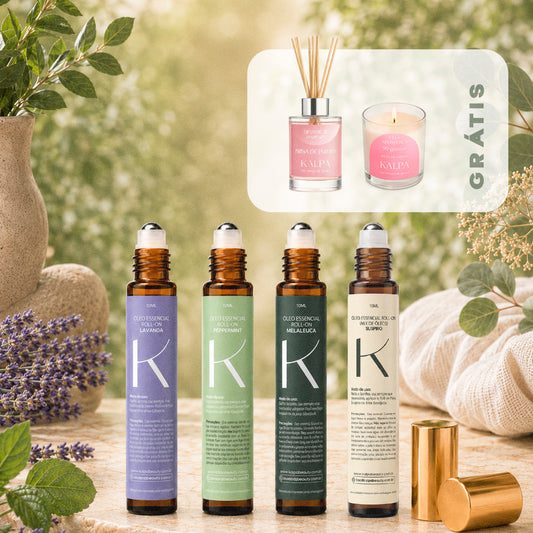 Kit Coleção Pausas: 4 Óleos Essenciais Roll-on + Difusor e Vela Brisa de Jardim Kalpa