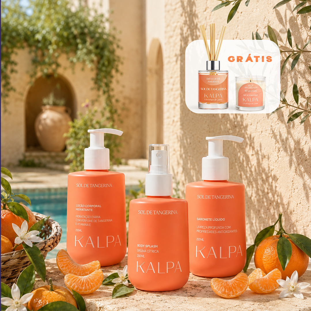 Kit Família Sol de Tangerina Corpo e Casa - Grátis 1 Difusor Sol de Tangerina + 1 Vela Sol de Tangerina